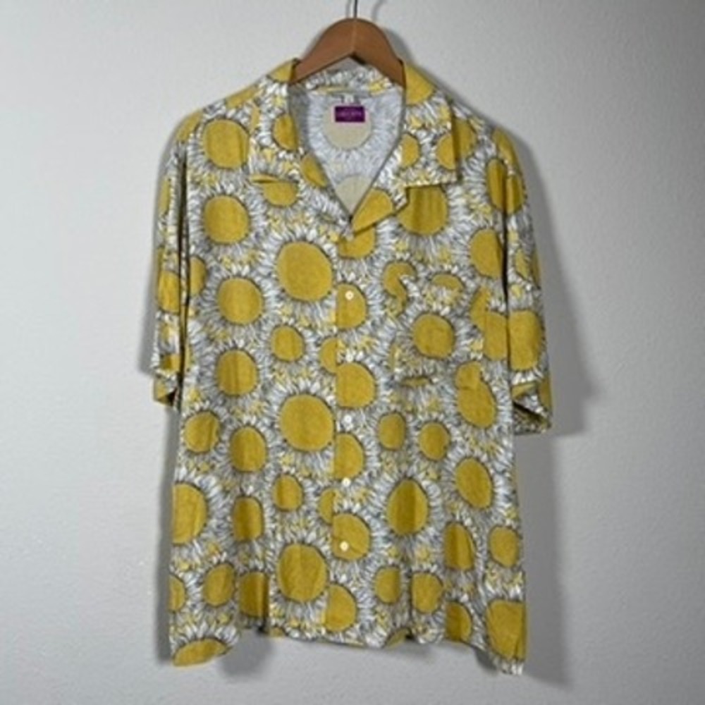 Onia Button Up Resort Camp Tropical Shirt Men XL Yellow Sunflower Liberty Fabric